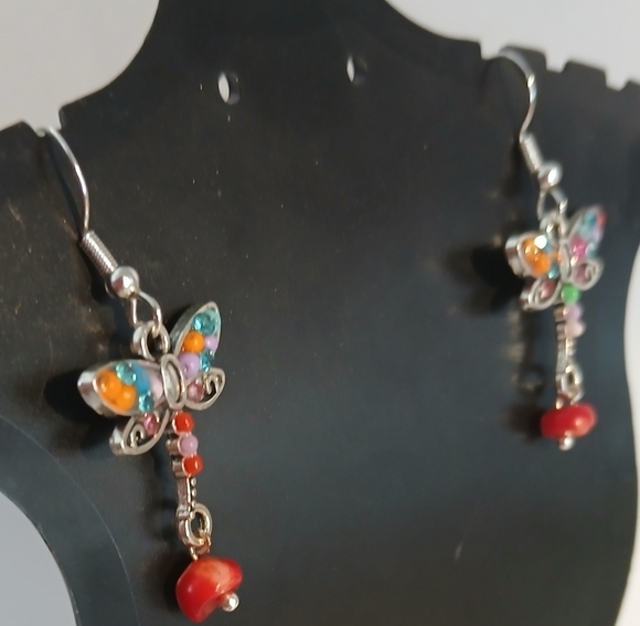 Red and Blue Dragonfly Earrings with Silver Hooks - Picture 3 of 4